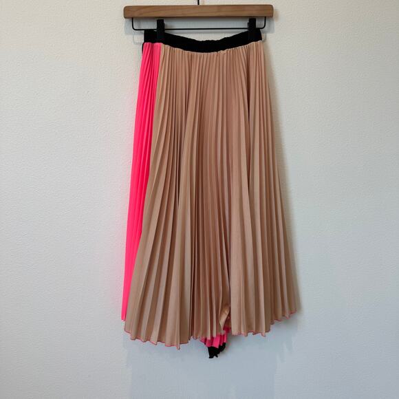 Loyd/Ford Pink Pleated Satin Sheer Black Overlay Midi Colorblock Skirt- Small - Picture 2 of 8